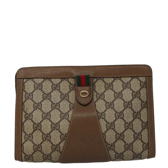 GUCCI GG Supreme Web Sherry Line Clutch Bag PVC Beige Gold - Picture 1 of 16